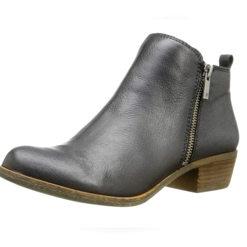 Lucky Brand “Basel” Black Leather Moto Ankle Booties Side Zippers Stacked Heel